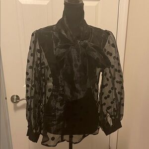 Love By Design Black Sheer Polka Dot Tie-Neck Blouse